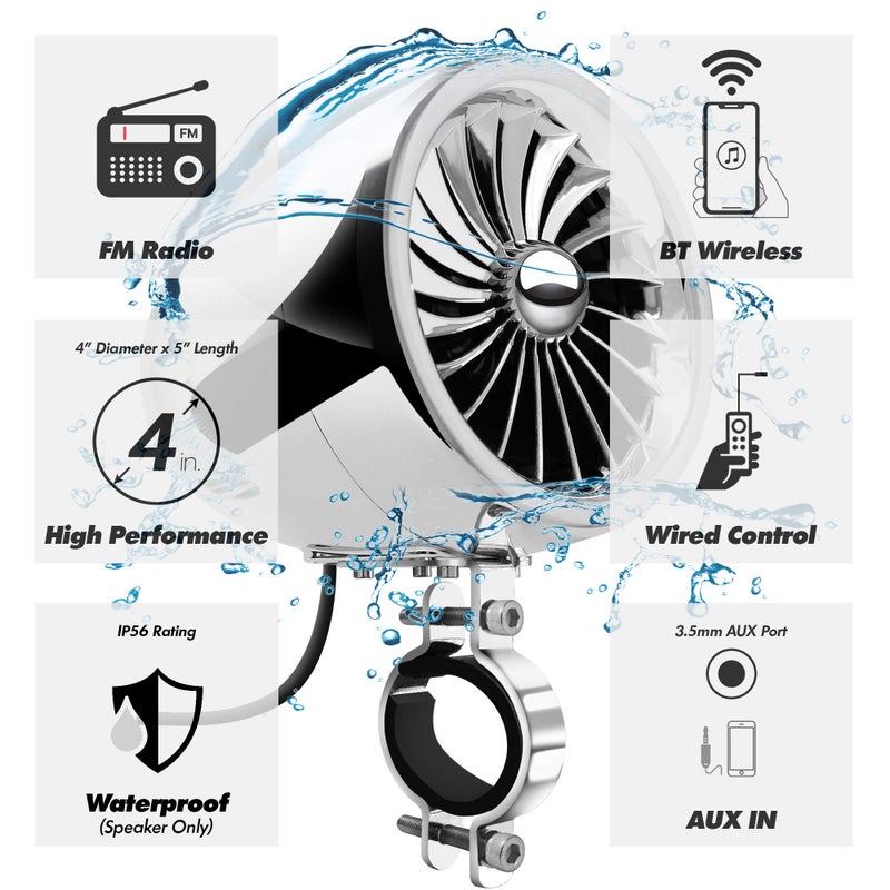 GoHawk Bluetooth Motorcycle Speakers with Amplifier, Wired Control, FM Radio, 4 Inch Weatherproof Speakers Great for Use with ATVs/Motorcycles - Image 3